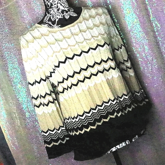 METALLIC SWEATER PS Alfred Dunner Gold Black Lightweight Fall Chunky Pattern - Picture 1 of 11